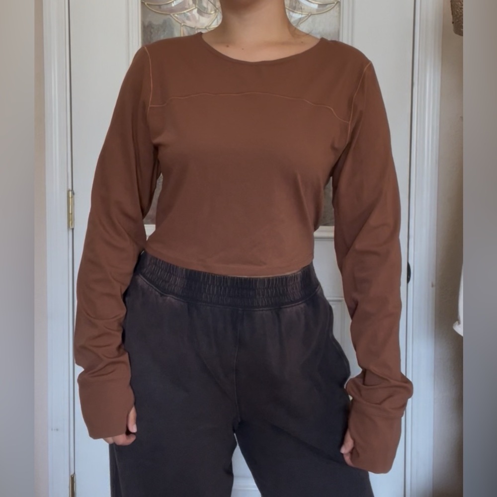 COPYOffline by Aerie Real Me Long Sleeve Crop Open Back Brown Top Size XL